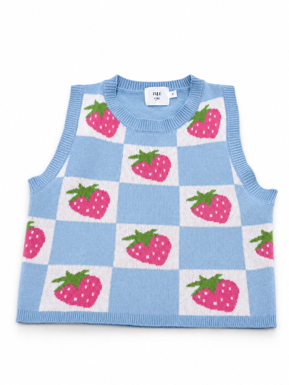 Luna Ivy Strawberry Sweater Vest Size Small Blue Checkered Knit Cottagecore - Picture 3 of 10